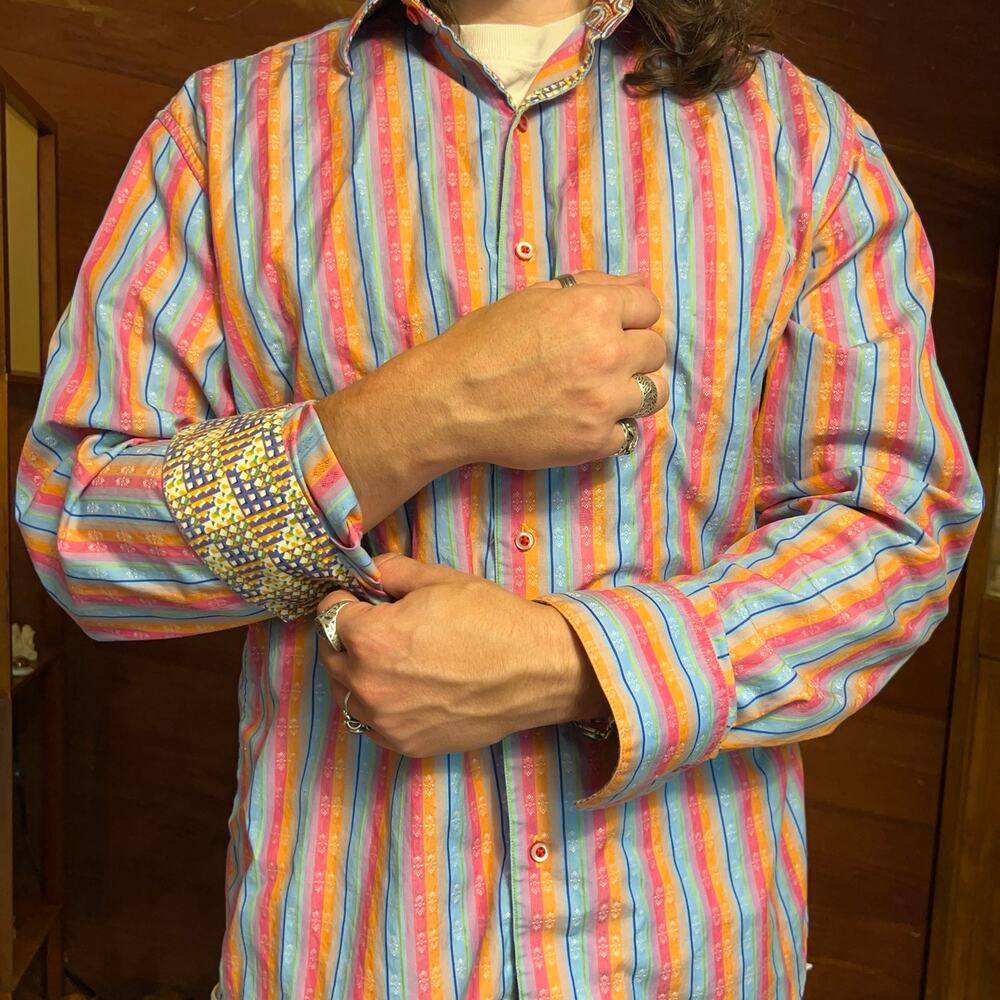 ROBERT GRAHAM Striped Flip Cuff Dress Shirt Size L Embroidered Cotton Geometric